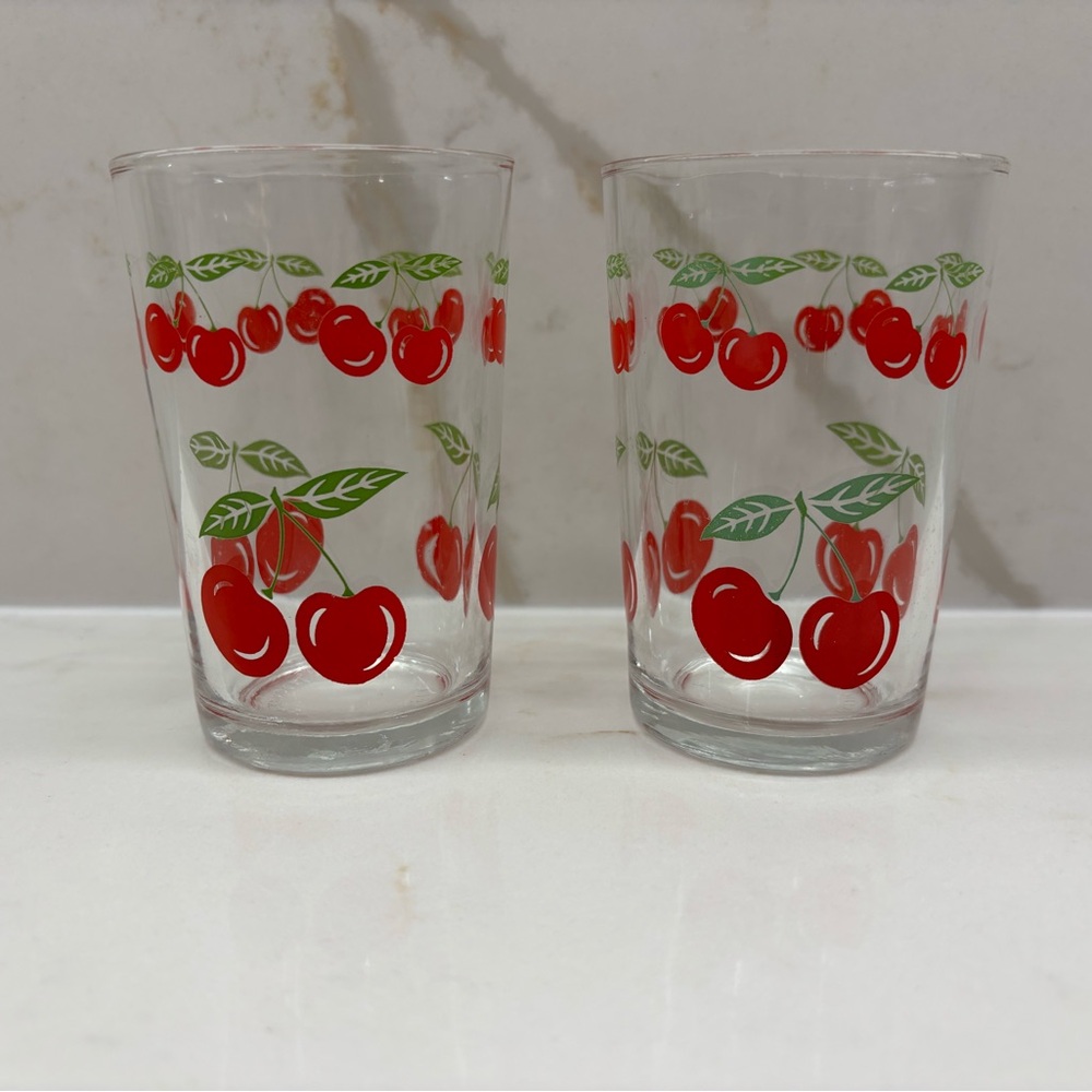 Vintage Pair of KIG Indonesia Juice Glass Tumblers with Cherry Design 4” Rare